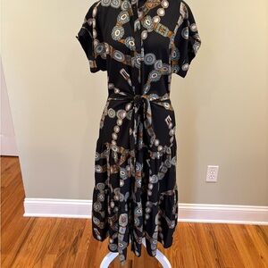Ralph Lauren Black and Gold Patterned Midi Dress